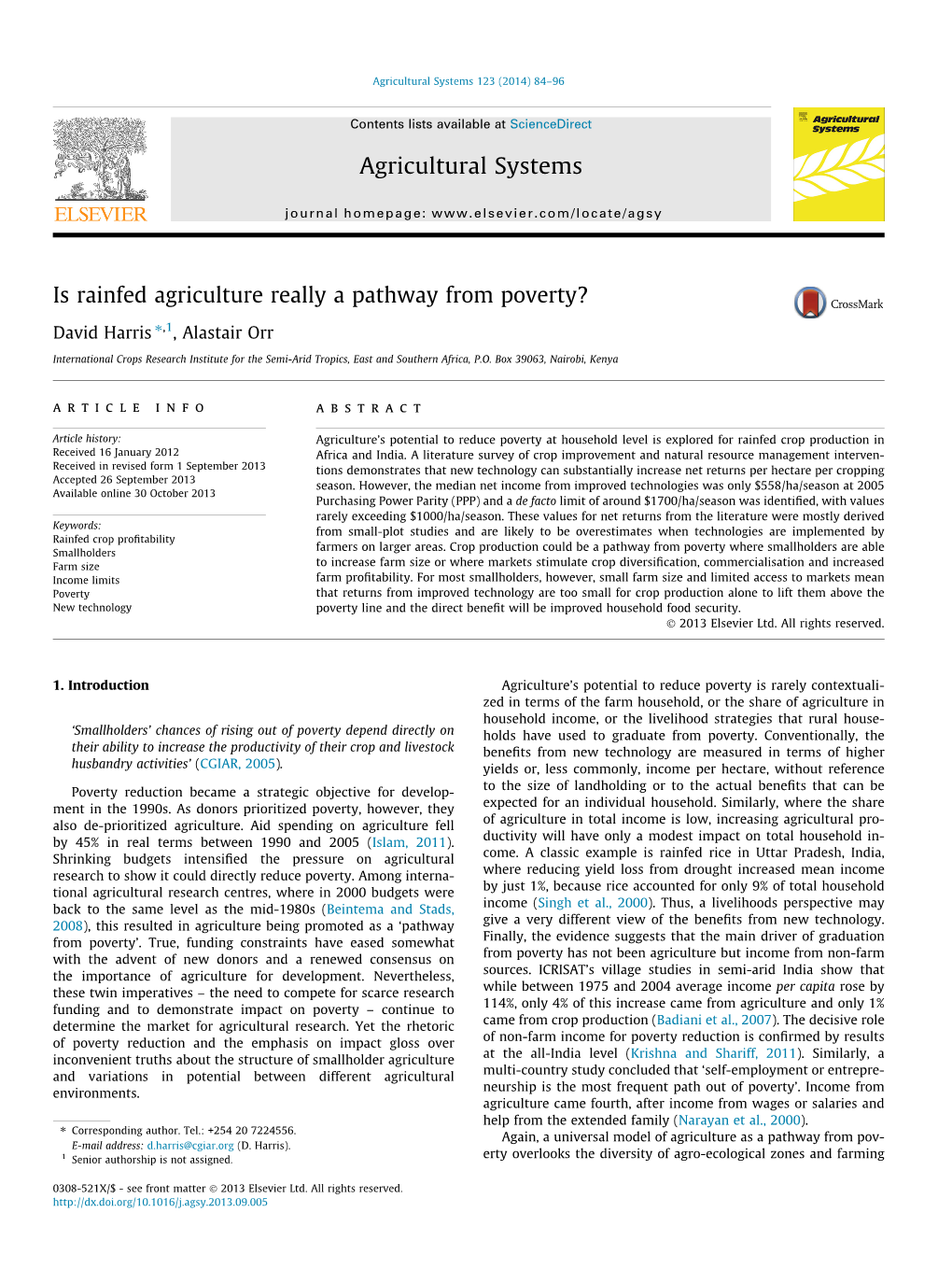 Is Rainfed Agriculture Really a Pathway from Poverty? ⇑ David Harris ,1, Alastair Orr