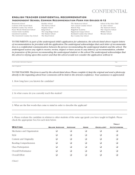CONFIDENTIAL ENGLISH TEACHER CONFIDENTIAL RECOMMENDATION Independent School Common Recommendation Form for Grades 6-12
