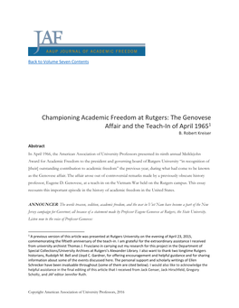 Championing Academic Freedom at Rutgers: the Genovese Affair and the Teach-In of April 19651 B