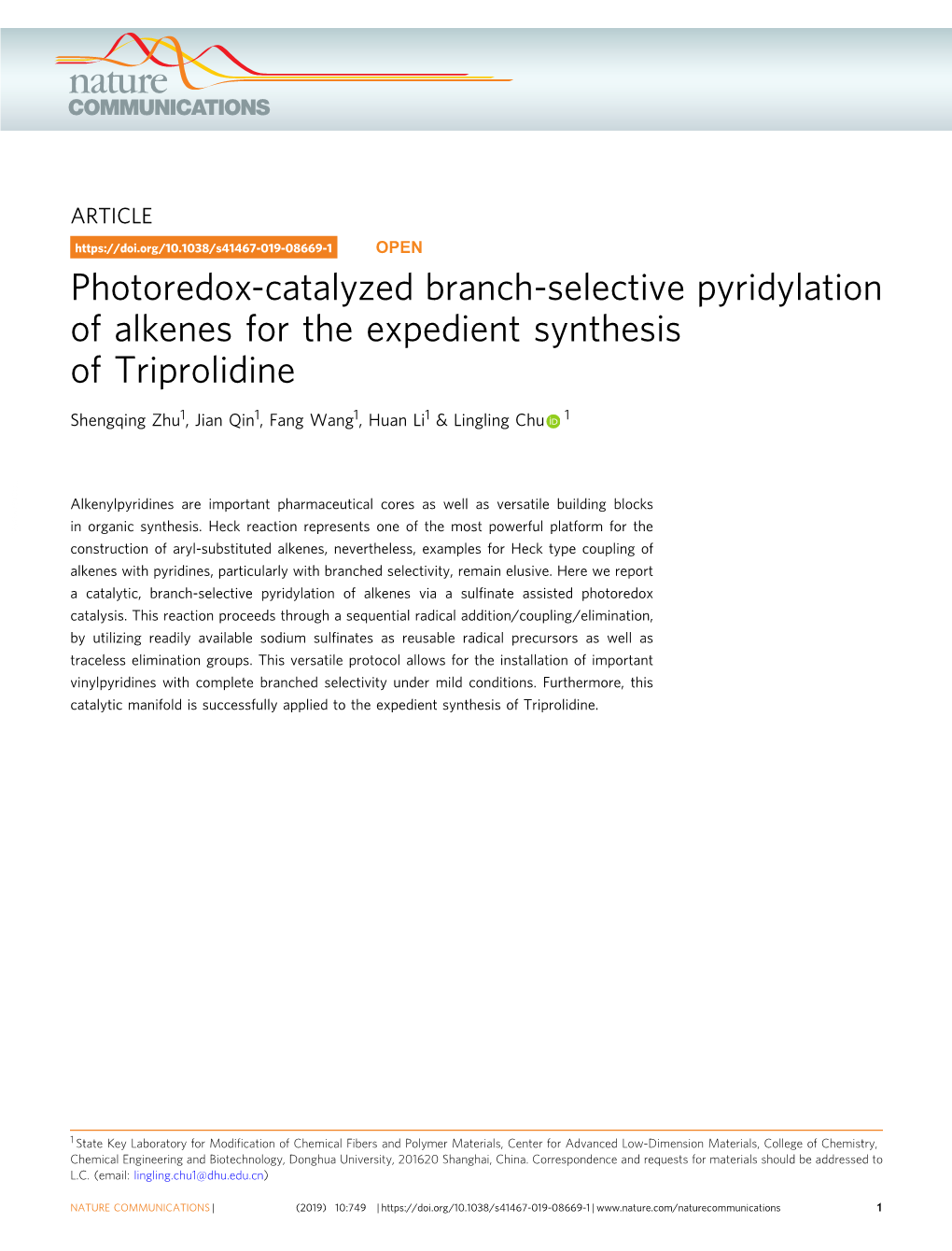 Photoredox-Catalyzed Branch-Selective Pyridylation of Alkenes for the Expedient Synthesis of Triprolidine