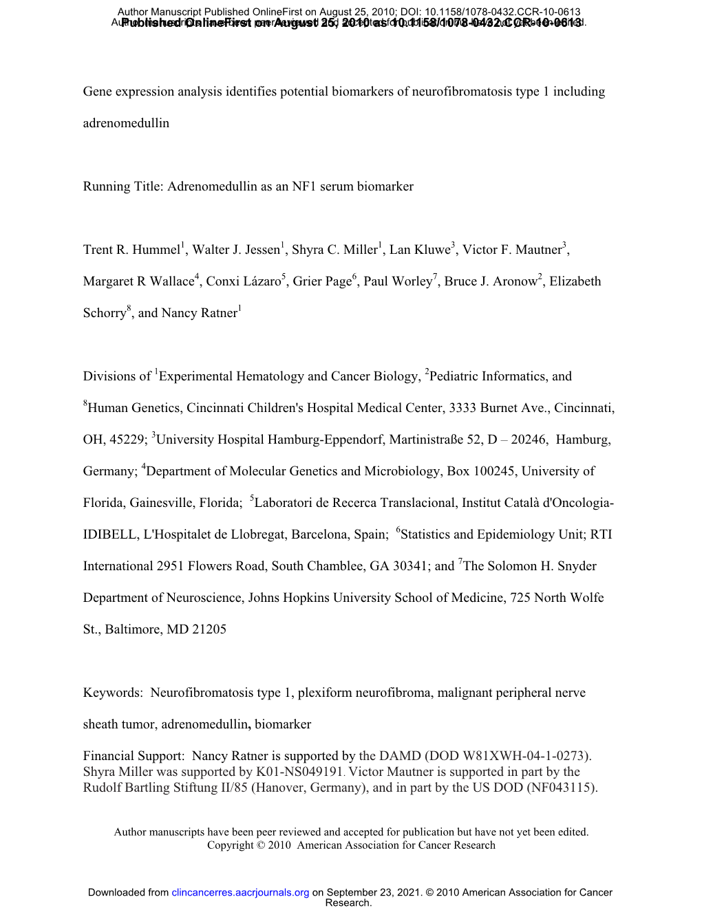 Gene Expression Analysis Identifies Potential Biomarkers of Neurofibromatosis Type 1 Including