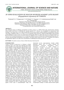 IN VITRO EVALUATION of SILICON SOURCES AGAINST LATE BLIGHT (Phytophthora Infestans) of TOMATO