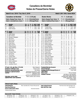 Canadiens De Montréal Notes De Presse/Game Notes