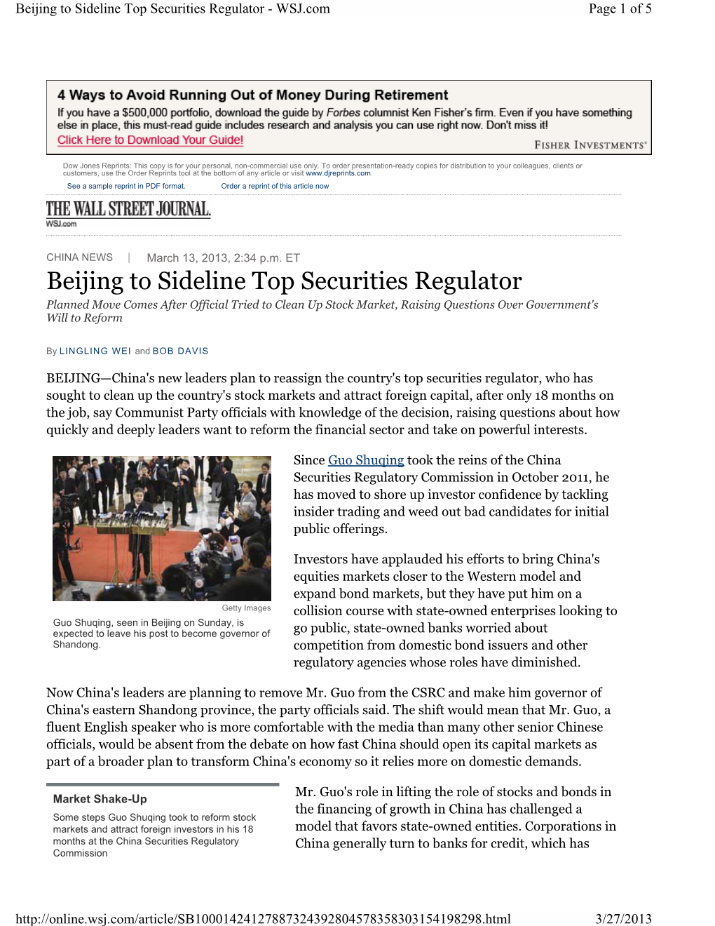 Beijing to Sideline Top Securities Regulator - WSJ.Com Page 1 of 5