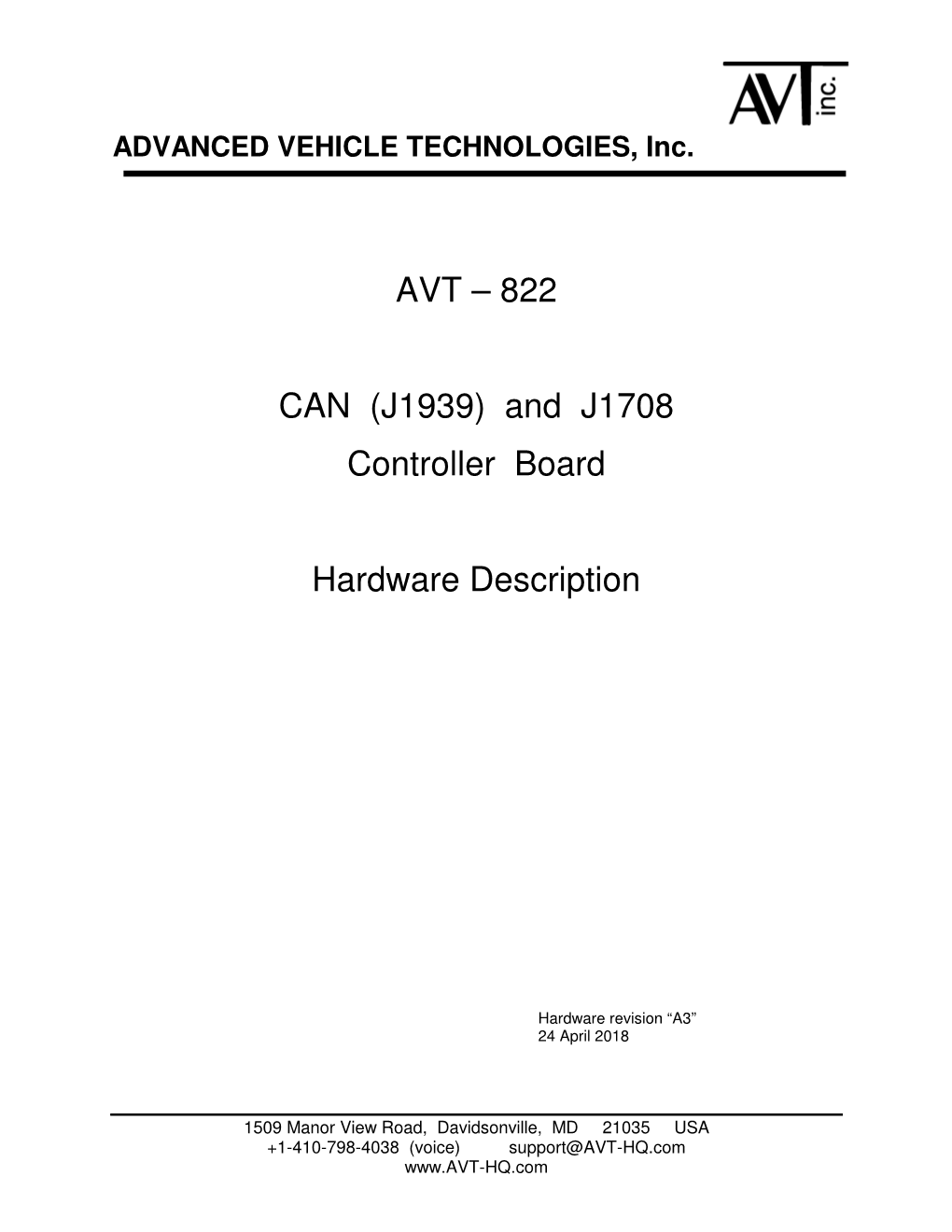 AVT – 822 CAN (J1939) and J1708 Controller Board Hardware