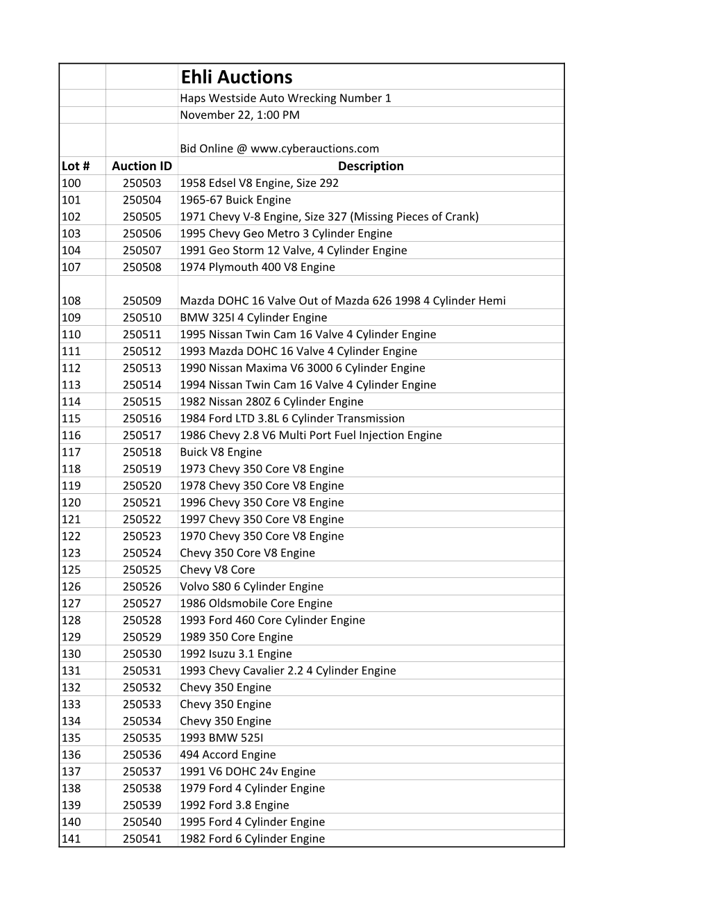 Ehli Auctions Haps Westside Auto Wrecking Number 1 November 22, 1:00 PM