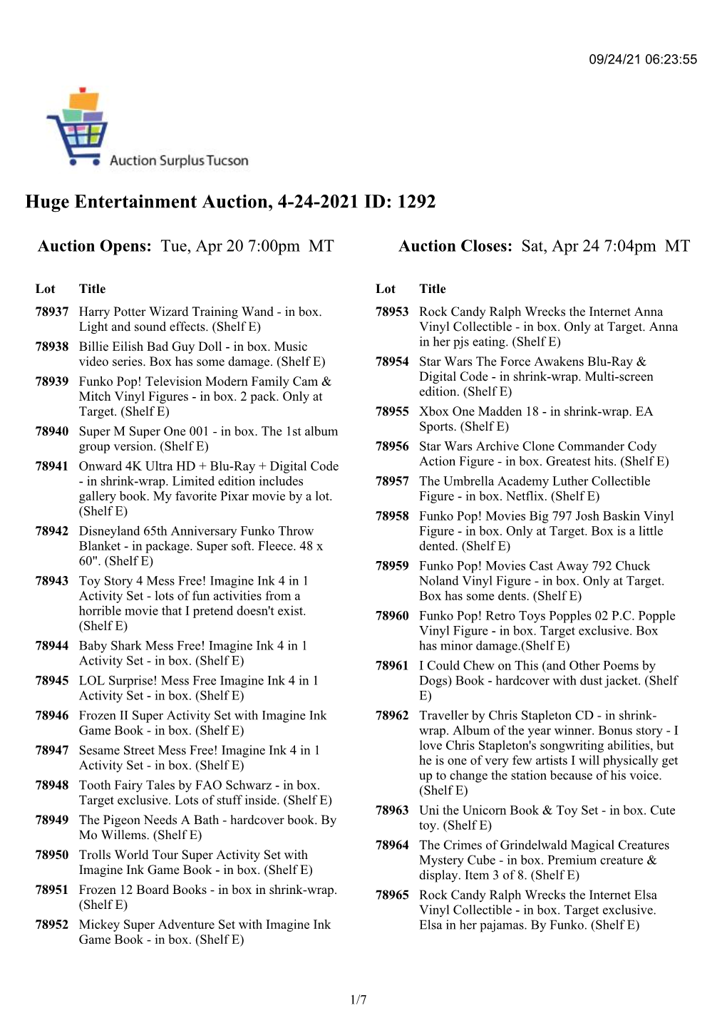 Huge Entertainment Auction, 4-24-2021 ID: 1292