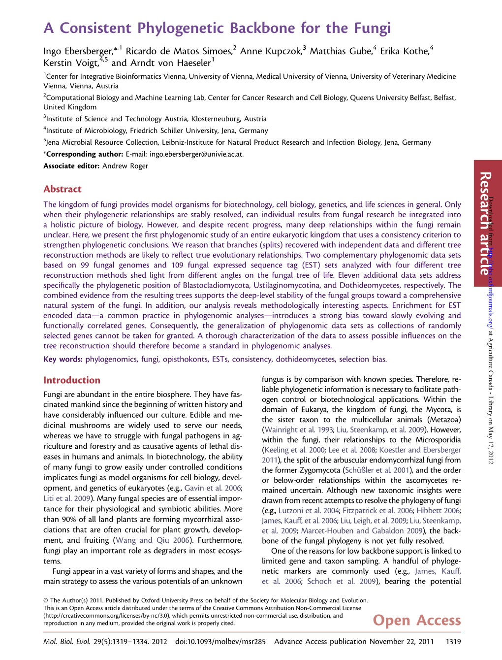 A Consistent Phylogenetic Backbone for the Fungi Open Access