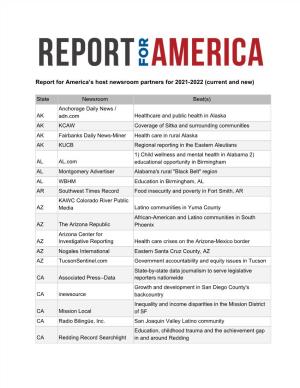 Report for America's Host Newsroom Partners for 2021-2022 (Current And
