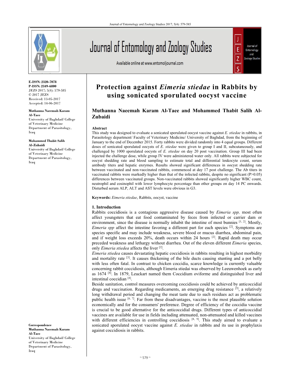 Protection Against Eimeria Stiedae in Rabbits by Using Sonicated