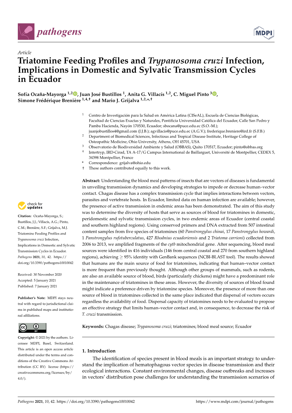 Triatomine Feeding Profiles and Trypanosoma Cruzi Infection, Implications in Domestic and Sylvatic Transmission Cycles in Ecuado