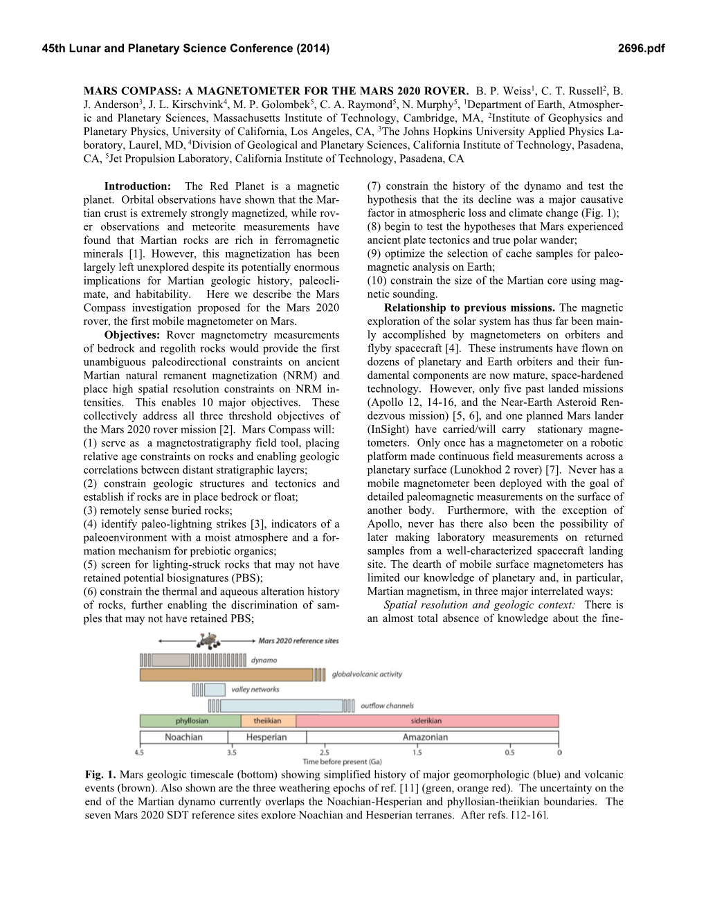 Fig. 1. Mars Geologic Timescale (Bottom) Showing Simplified History of Major Geomorphologic (Blue) and Volcanic Events (Brown)