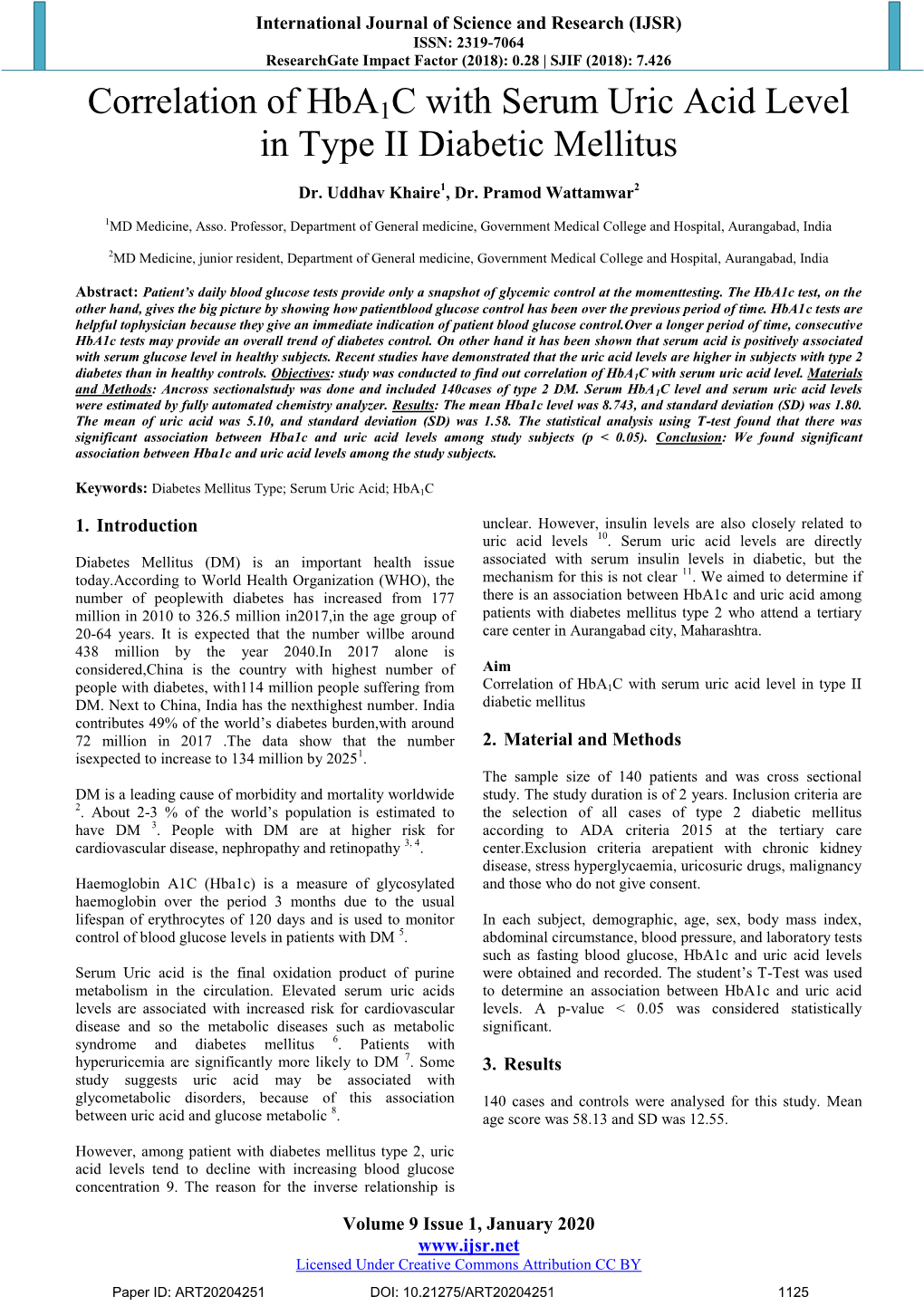 Correlation of Hba1c with Serum Uric Acid Level in Type II Diabetic Mellitus