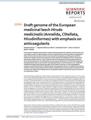 Draft Genome of the European Medicinal Leech Hirudo Medicinalis (Annelida, Clitellata, Hirudiniformes) with Emphasis on Anticoag