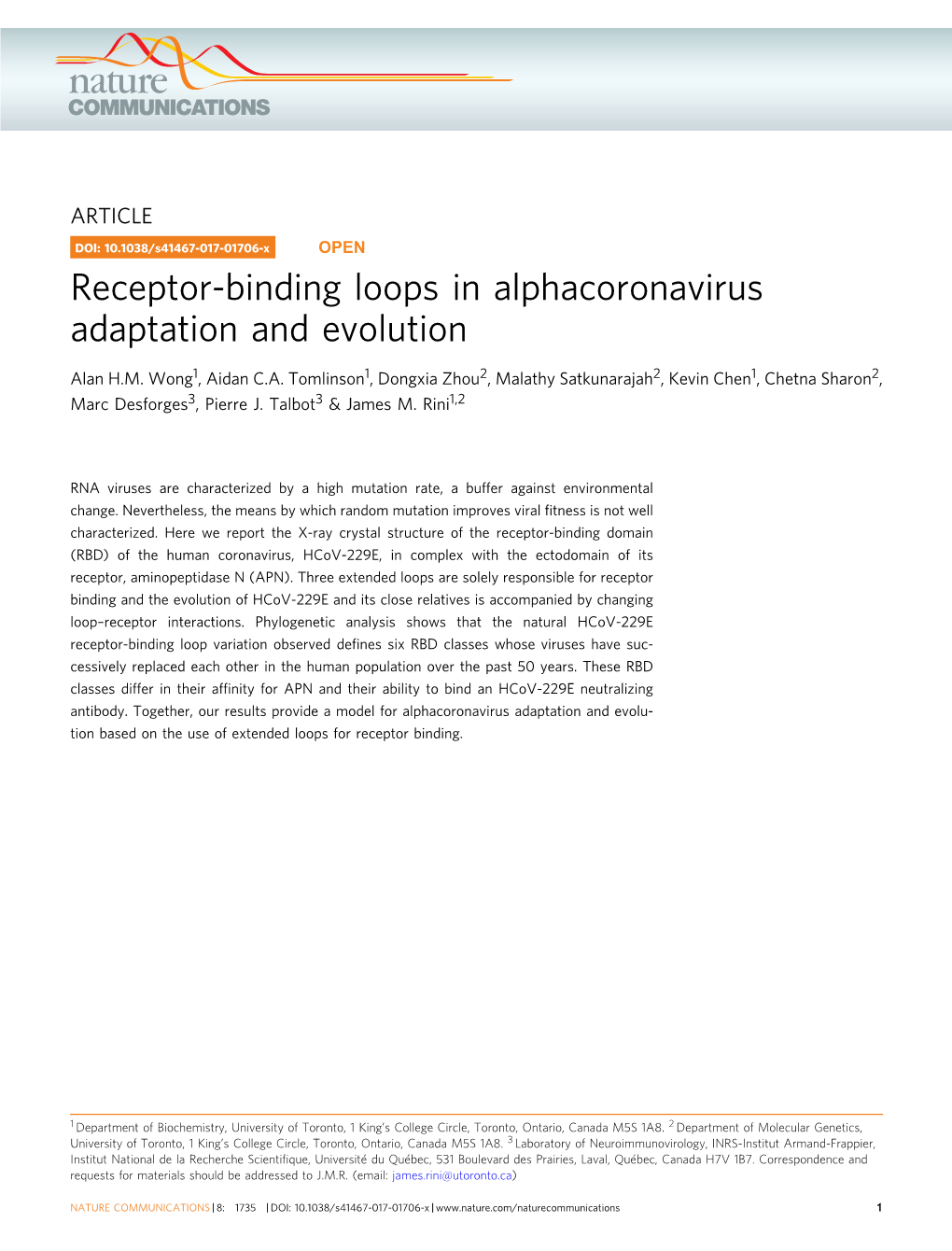Receptor-Binding Loops in Alphacoronavirus Adaptation and Evolution