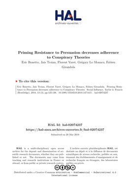 Priming Resistance to Persuasion Decreases Adherence to Conspiracy Theories Eric Bonetto, Jaïs Troian, Florent Varet, Grégory Lo Monaco, Fabien Girandola