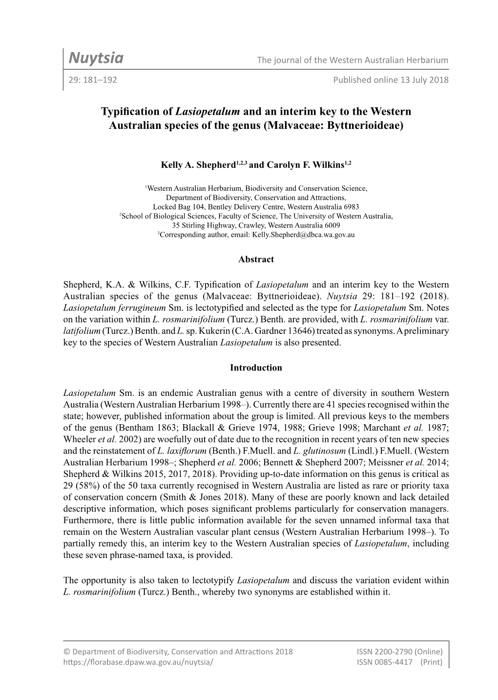 Nuytsia the Journal of the Western Australian Herbarium 29: 181–192 Published Online 13 July 2018