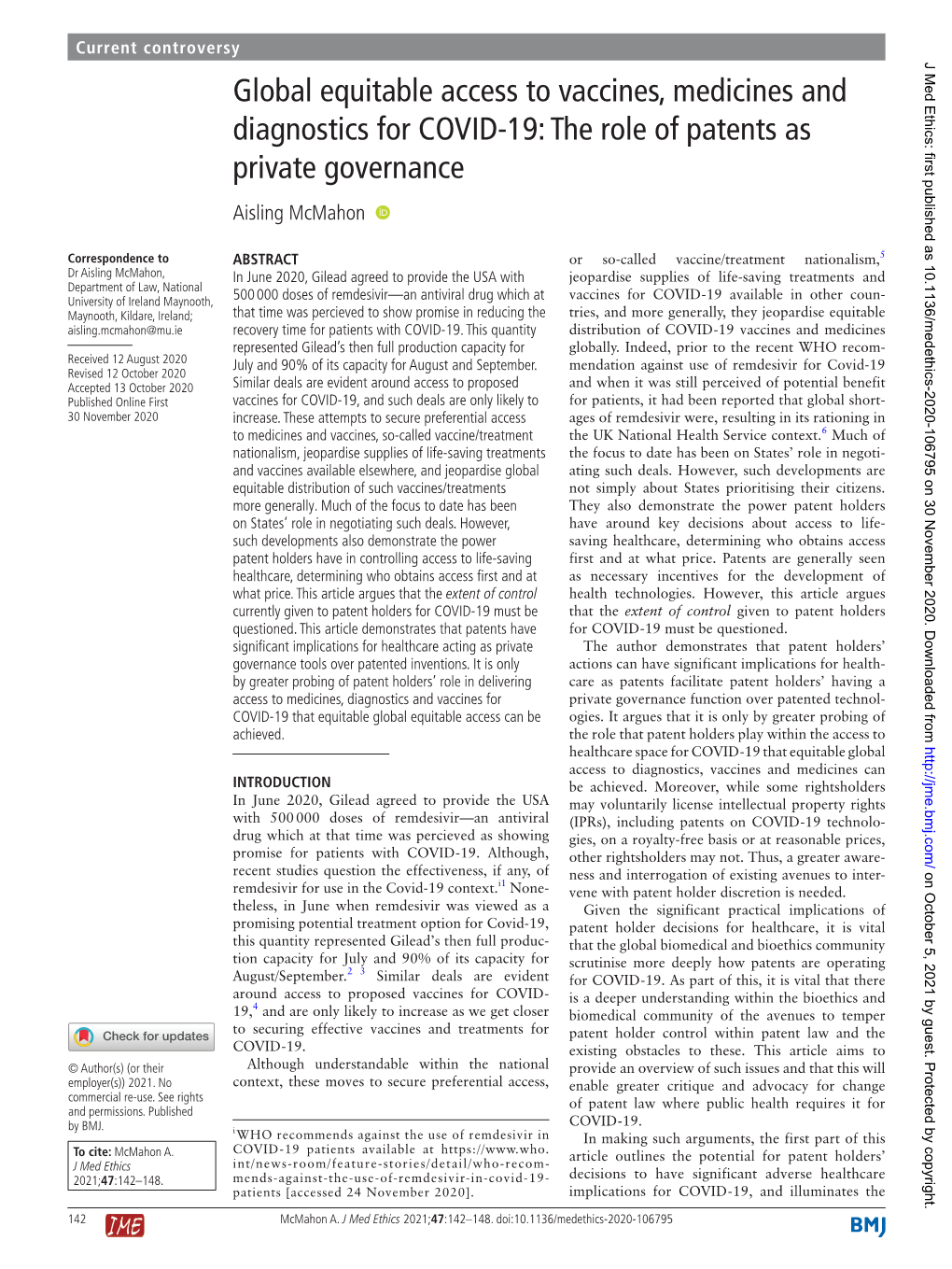 Global Equitable Access to Vaccines, Medicines and Diagnostics for COVID-19: the Role of Patents As Private Governance Aisling Mcmahon ‍