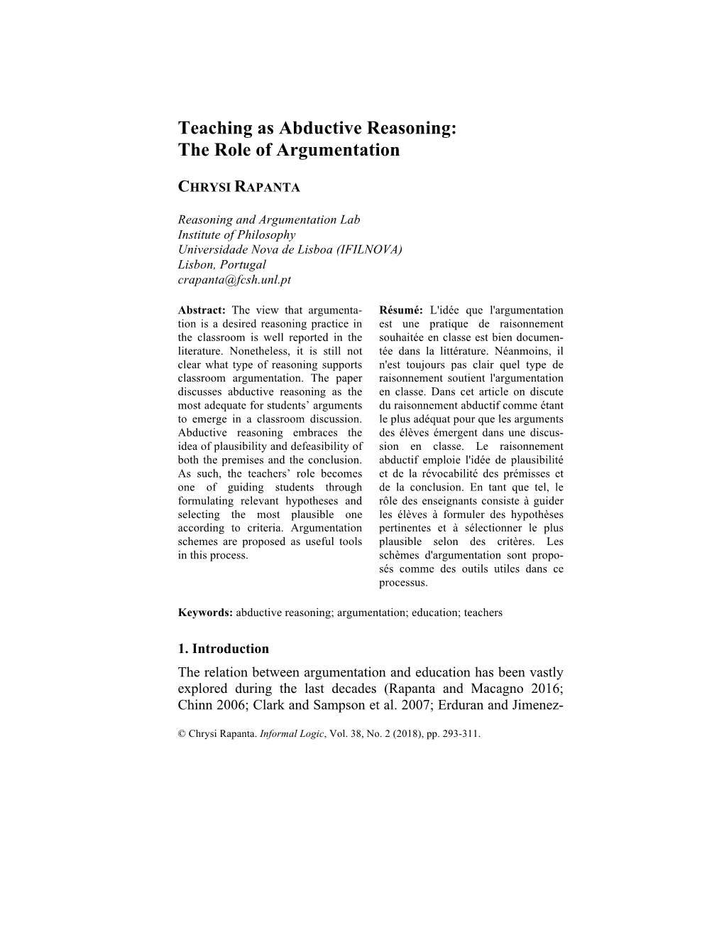 Teaching As Abductive Reasoning: the Role of Argumentation