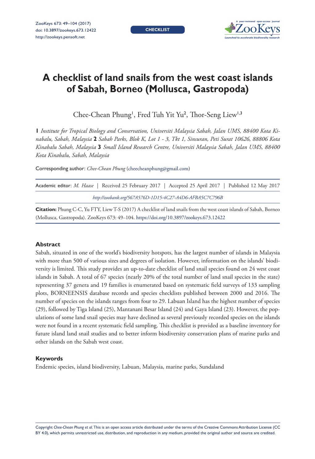 A Checklist of Land Snails from the West Coast Islands of Sabah, Borneo (Mollusca, Gastropoda)