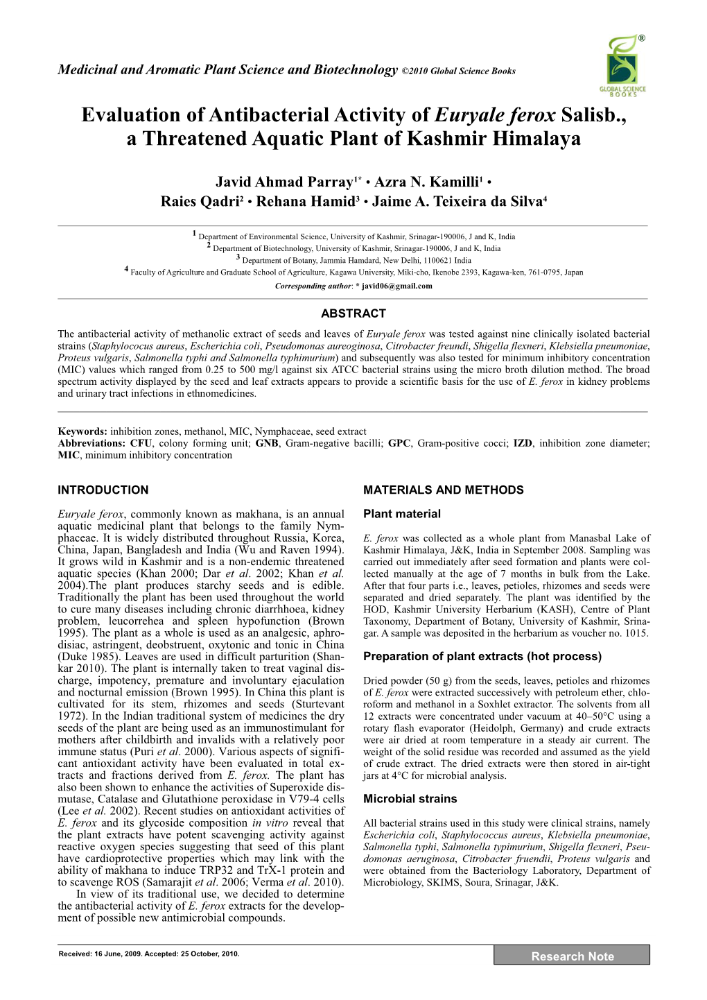 Evaluation of Antibacterial Activity of Euryale Ferox Salisb., a Threatened Aquatic Plant of Kashmir Himalaya