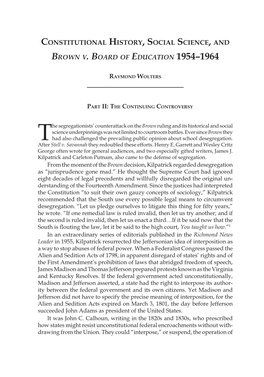 Constitutional History, Social Science, and Brown V. Board of Education 1954–1964