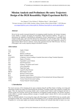 Mission Analysis and Preliminary Re-Entry Trajectory Design of the DLR Reusability Flight Experiment Refex