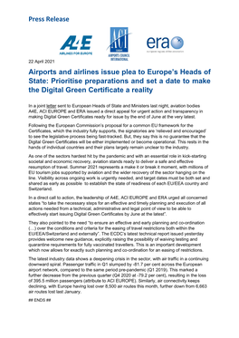 Press Release Airports and Airlines Issue Plea to Europe's Heads of State