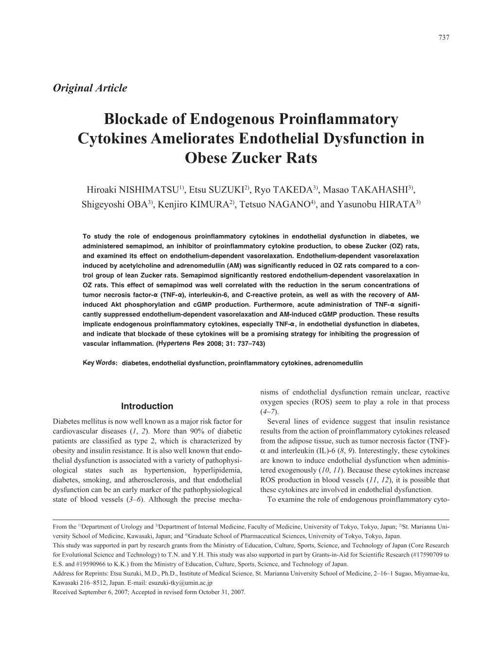 Blockade of Endogenous Proinflammatory Cytokines Ameliorates Endothelial Dysfunction in Obese Zucker Rats