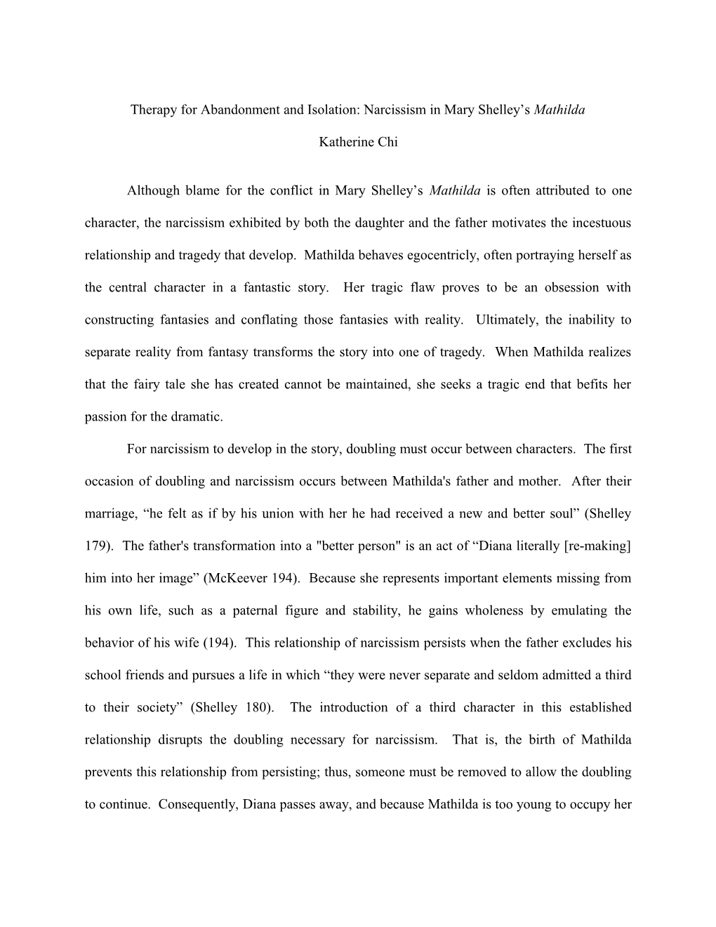 Therapy for Abandonment and Isolation: Narcissism in Mary Shelley S Mathilda