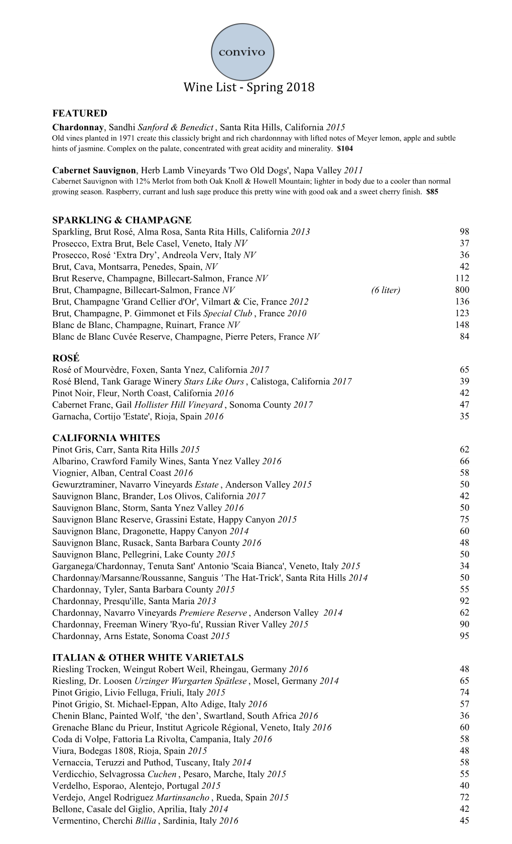 Wine List New 2018