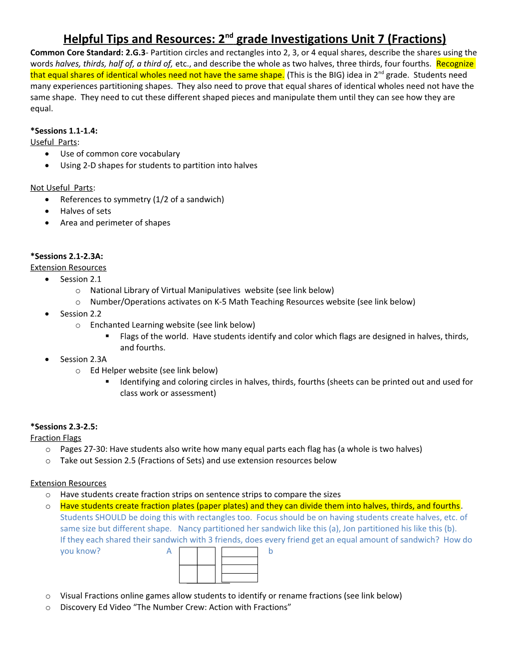 Helpful Tips and Resources: 2Nd Grade Investigations Unit 7 (Fractions)