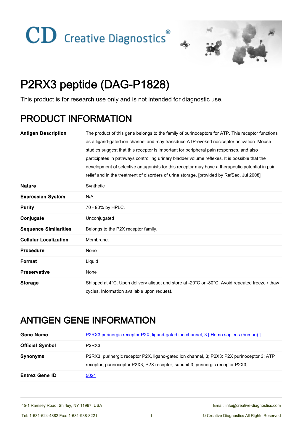 P2RX3 Peptide (DAG-P1828) This Product Is for Research Use Only and Is Not Intended for Diagnostic Use