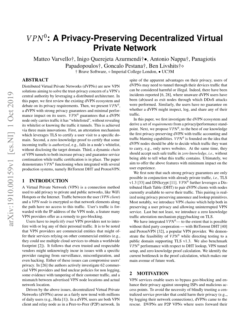 VPN0: a Privacy-Preserving Decentralized Virtual Private Network