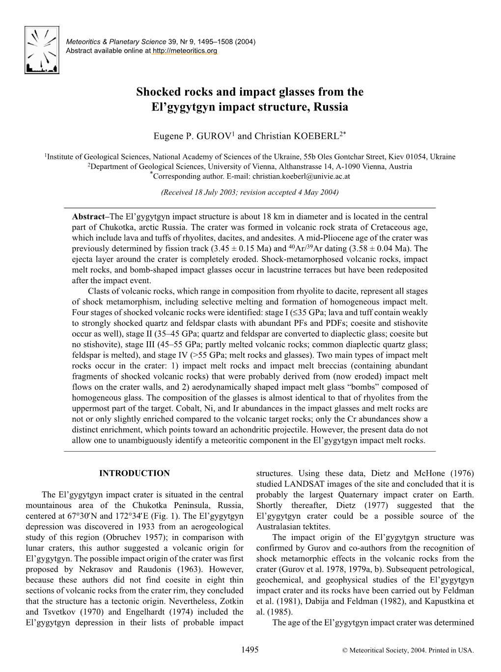 Shocked Rocks and Impact Glasses from the El'gygytgyn Impact