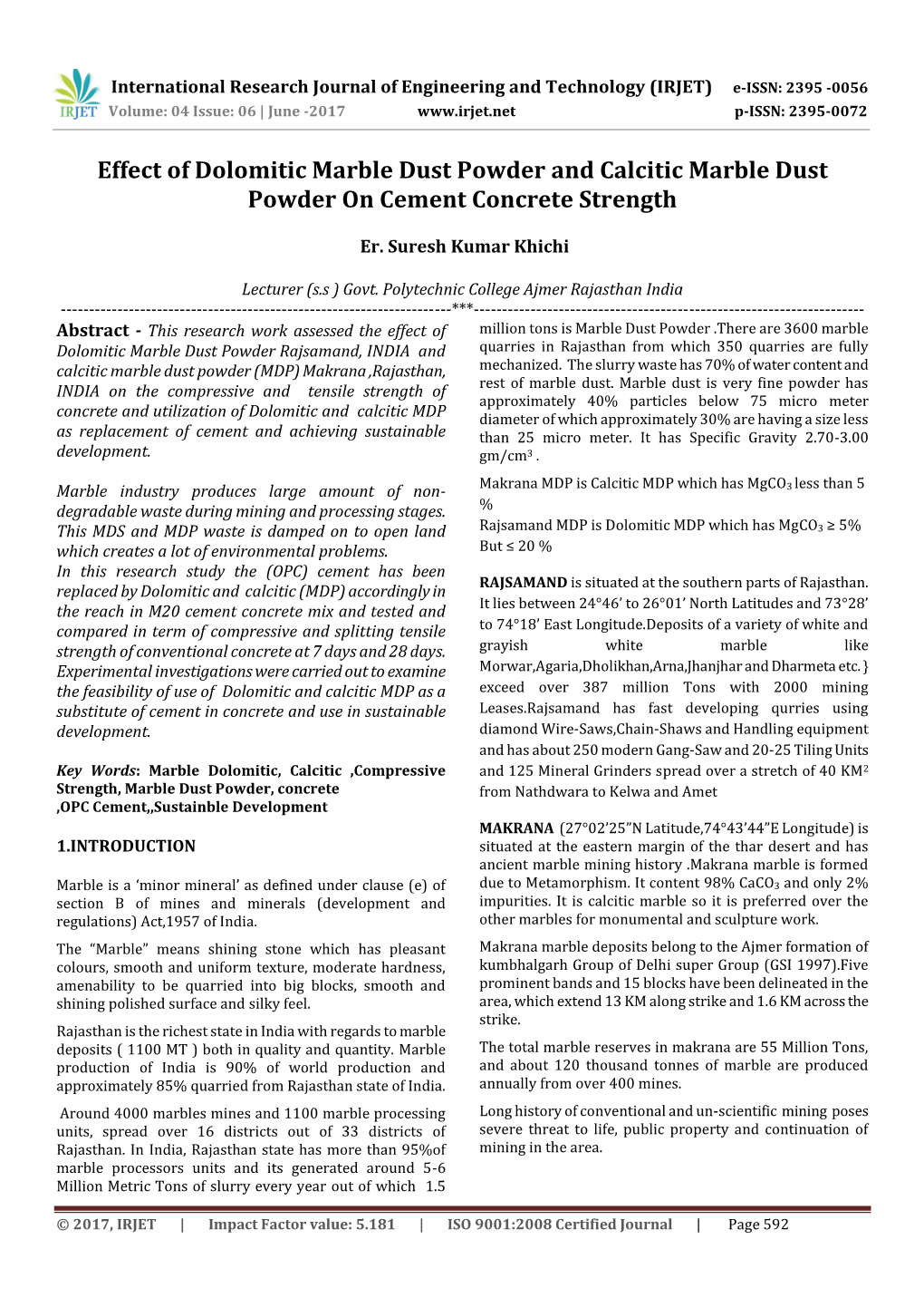 Effect of Dolomitic Marble Dust Powder and Calcitic Marble Dust Powder on Cement Concrete Strength