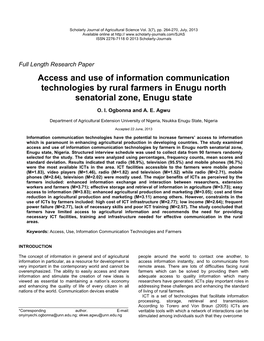 Access and Use of Information Communication Technologies by Rural Farmers in Enugu North Senatorial Zone, Enugu State