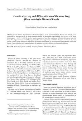 Genetic Diversity and Differentiation of the Moor Frog (Rana Arvalis) in Western Siberia