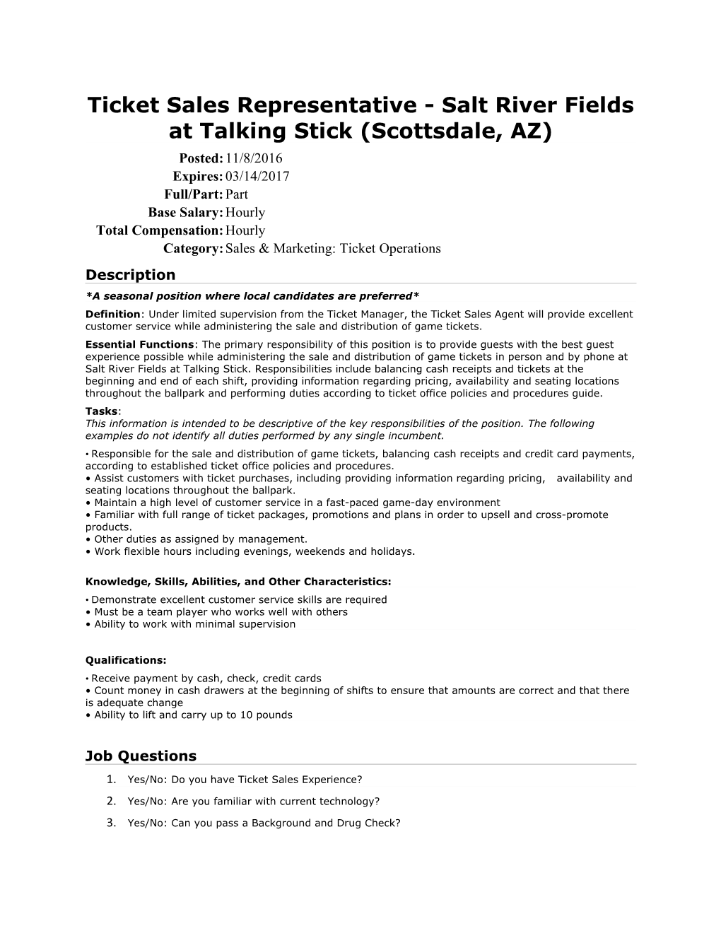 Ticket Sales Representative - Salt River Fields at Talking Stick (Scottsdale, AZ)