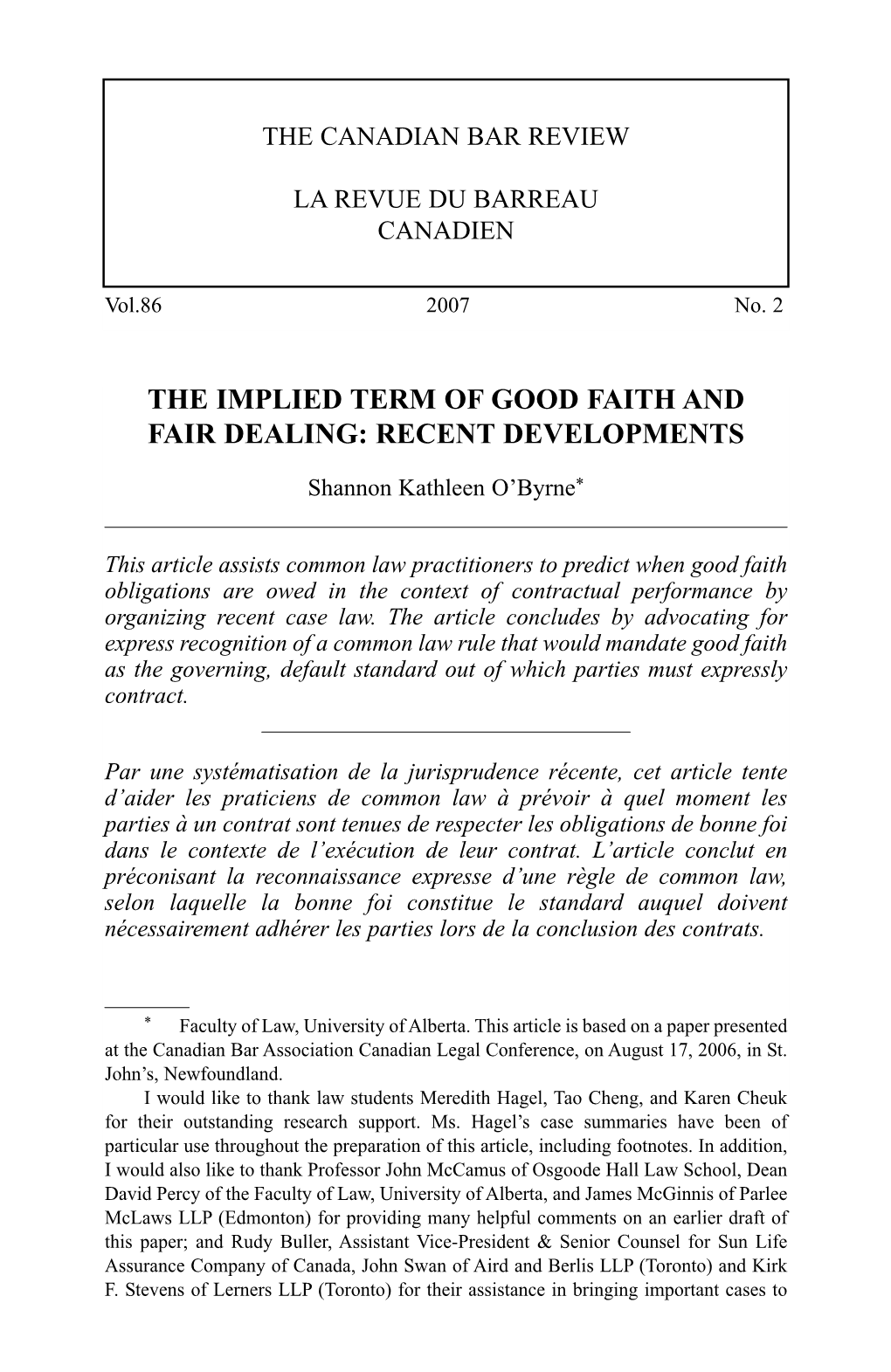 The Implied Term of Good Faith and Fair Dealing: Recent Developments