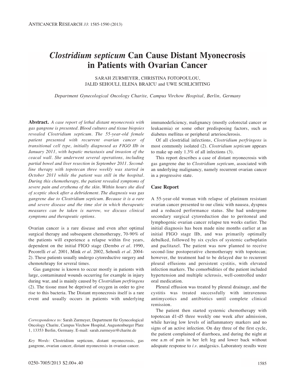 Clostridium Septicum Can Cause Distant Myonecrosis in Patients with Ovarian Cancer