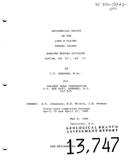 Geochemical Report on the Long B Claims Texada Island