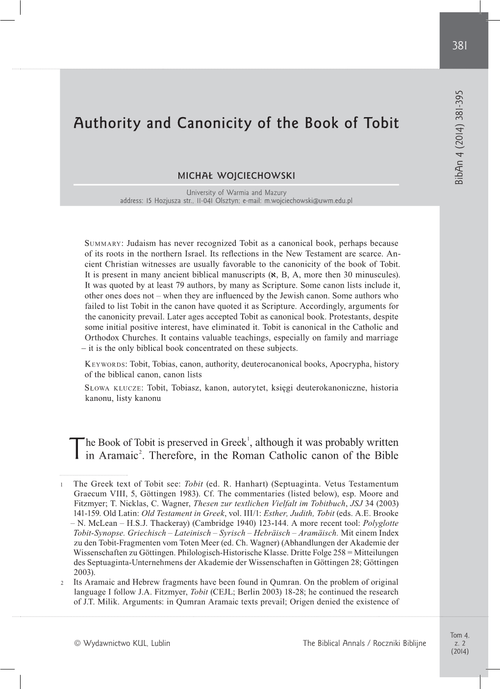 Authority and Canonicity of the Book of Tobit