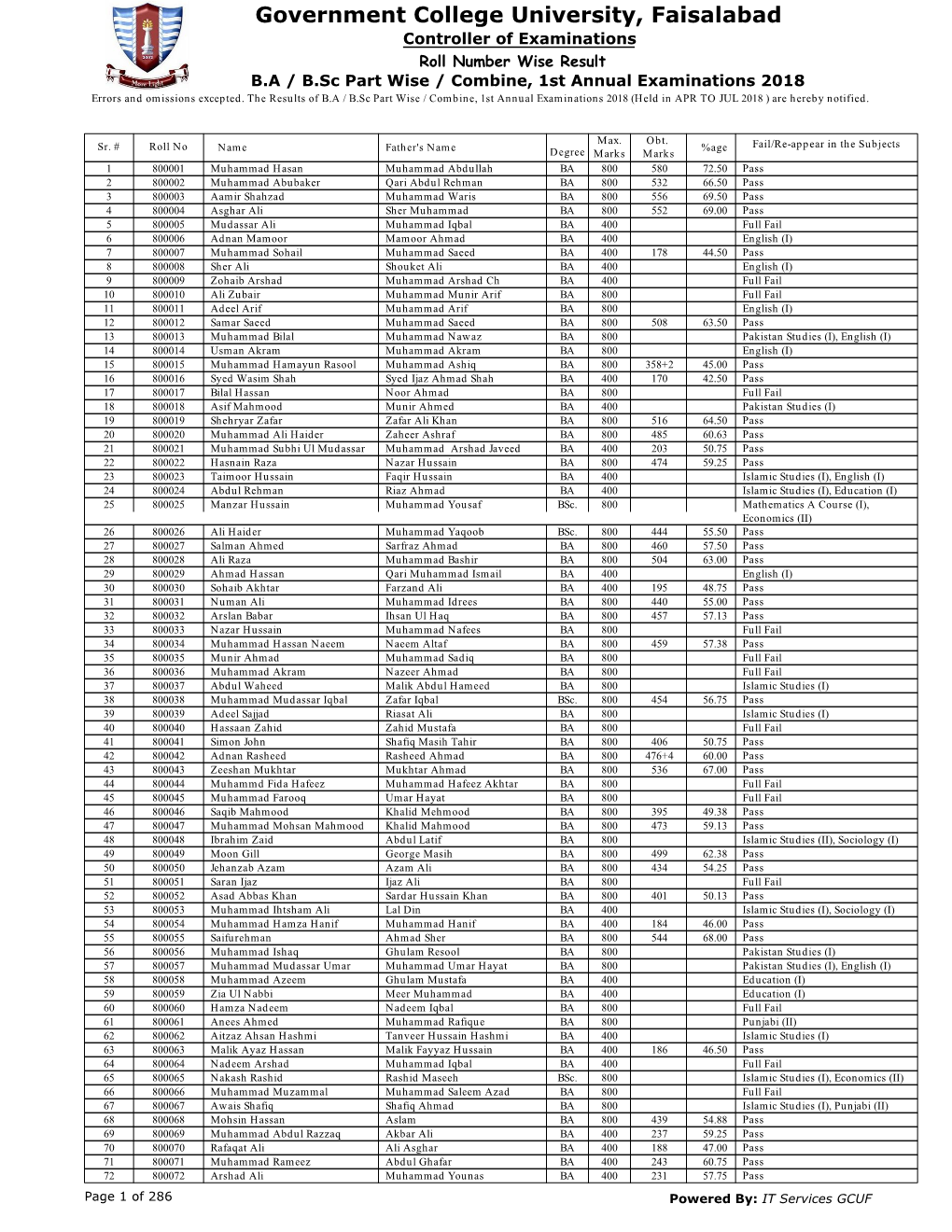 Part Wise / Combine, 1St Annual Examinations 2018 Errors and Omissions Excepted