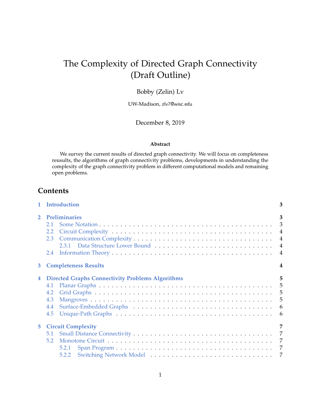The Complexity of Directed Graph Connectivity (Draft Outline)