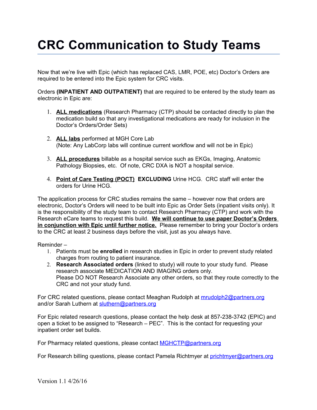 CRC Communication to Study Teams