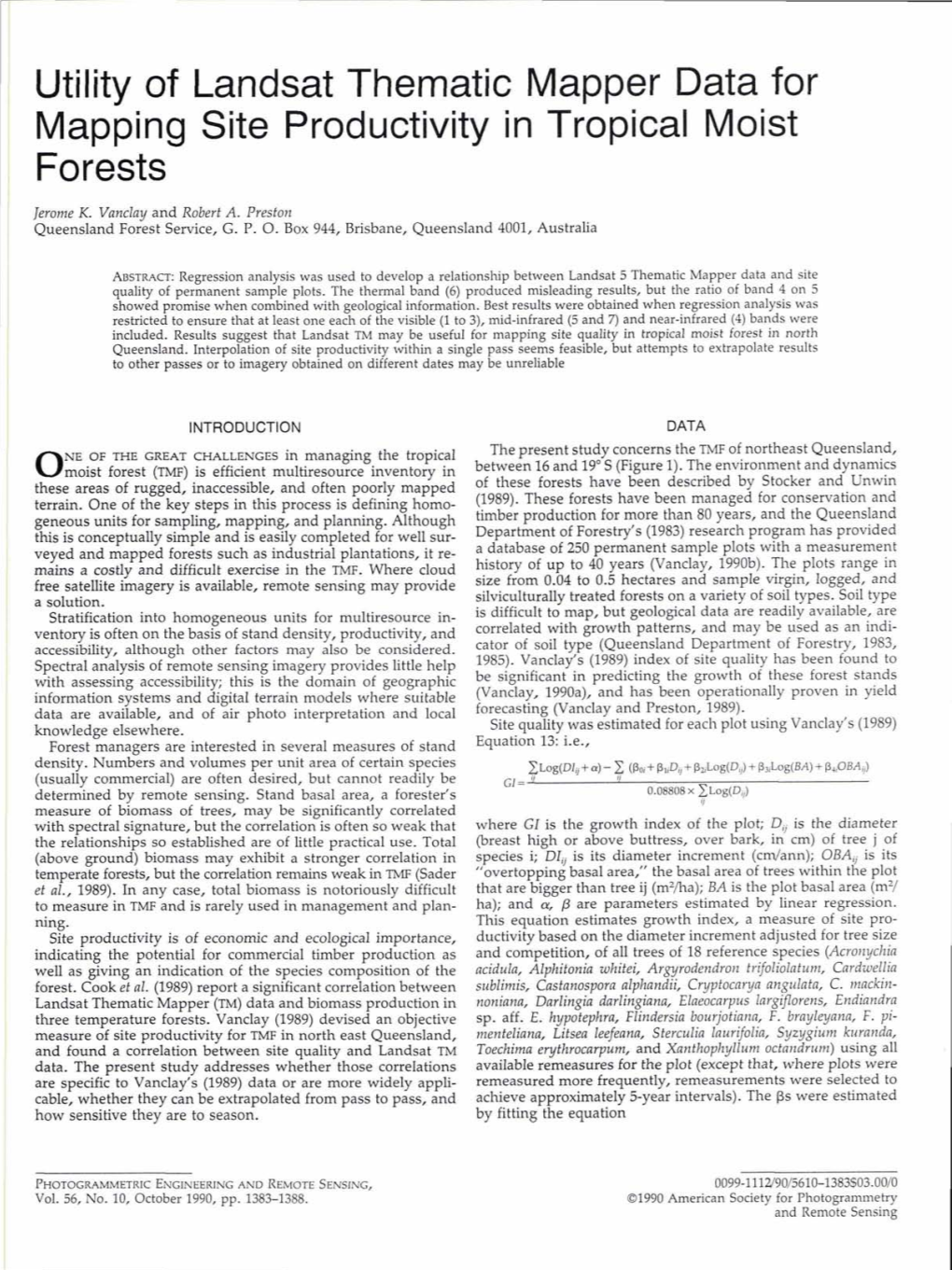 Utility of Landsat Thematic Mapper Data for Mapping Site Productivity in Tropical Moist Forests