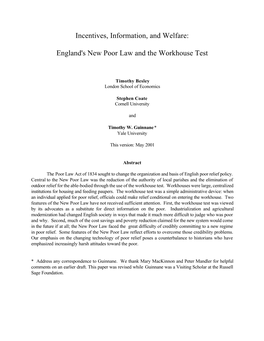 Incentives, Information, and Welfare: England's New Poor Law and the Workhouse Test