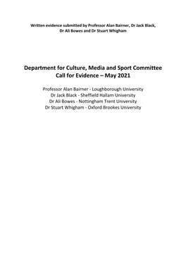 Department for Culture, Media and Sport Committee Call for Evidence – May 2021