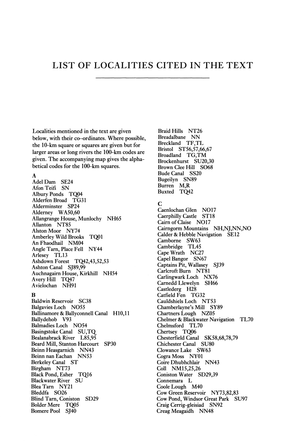 List of Localities Cited in the Text